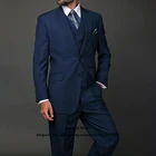 Классические темно-синие облегающие мужские костюмы, свадебный смокинг для жениха, комплект из трех предметов, пиджак, жилет и брюки, мужской профессиональный деловой блейзер