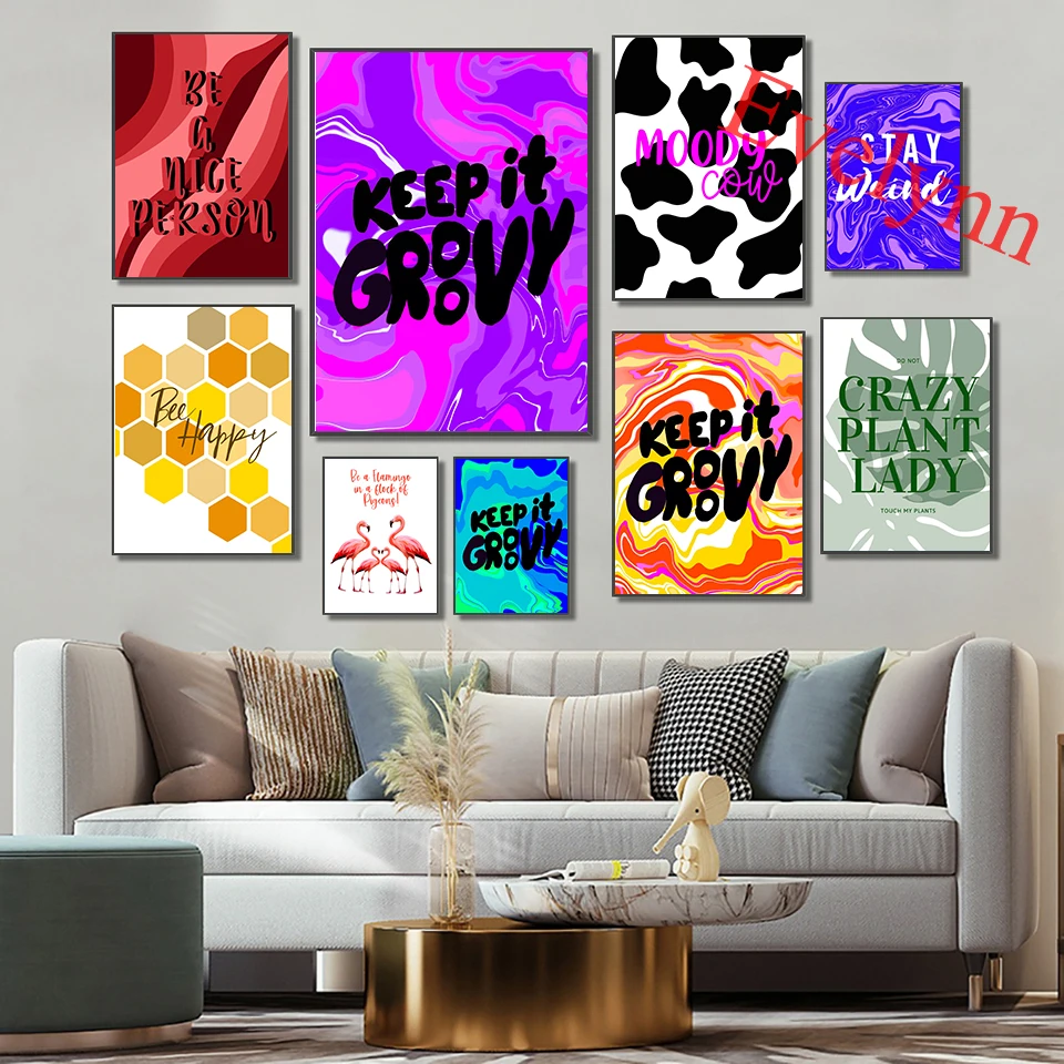 

Keep It Groovy Posters, Abstract Vibrant, Marble Effect,Boho, Eclectic,Gender Neutral Living Room Decor Canvas Wall Art Prints