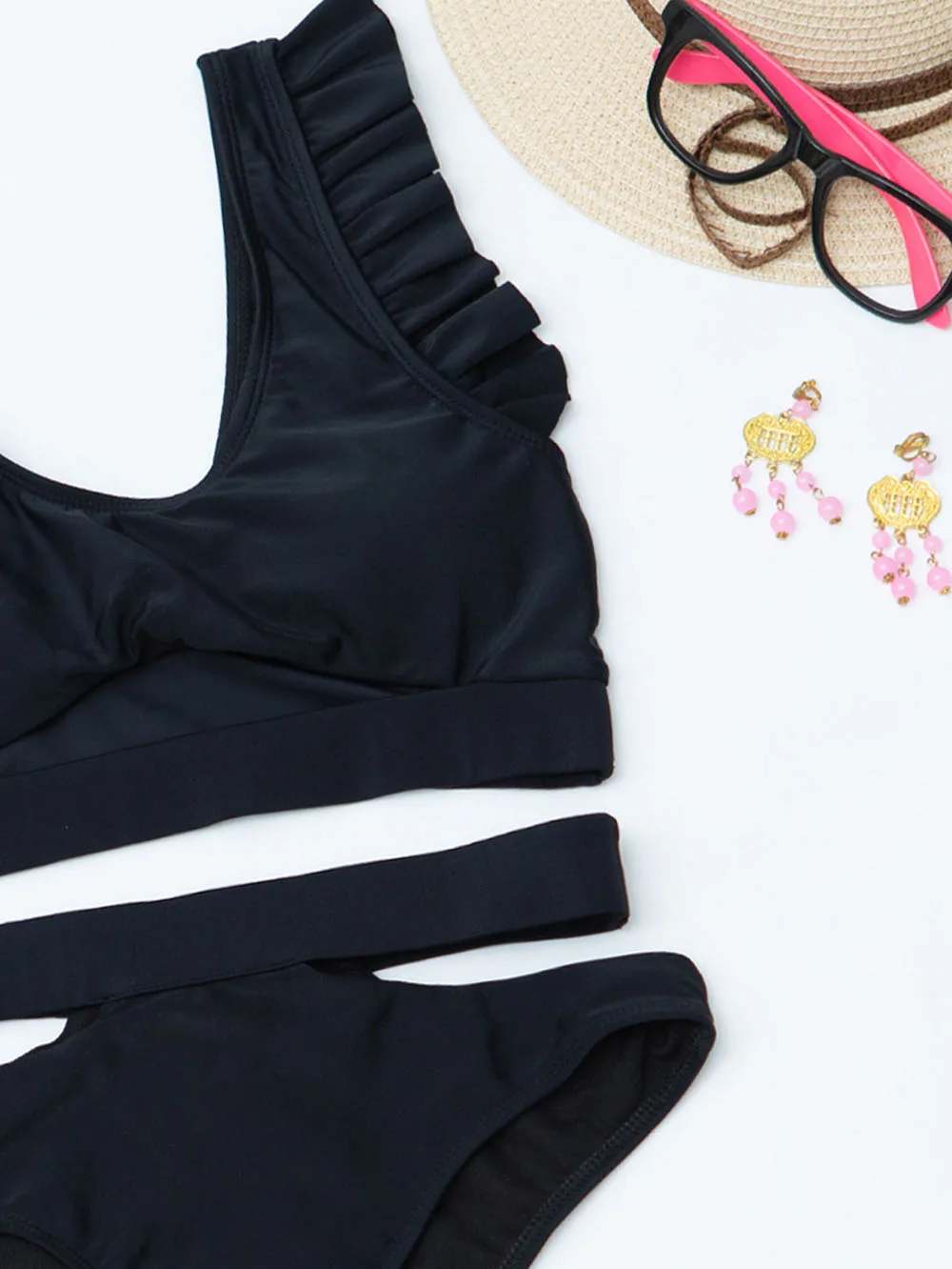 

Women Sexy Tummy Cut out Female Swimsuit High Waist Bikini Swimwear Ruffled Bikini set Bather Bathing Suit Swim Lady