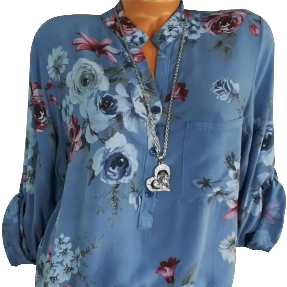 

Casual Flowers High Collar Long Sleeve Buttons Blouse Loose Women Summer Shirt