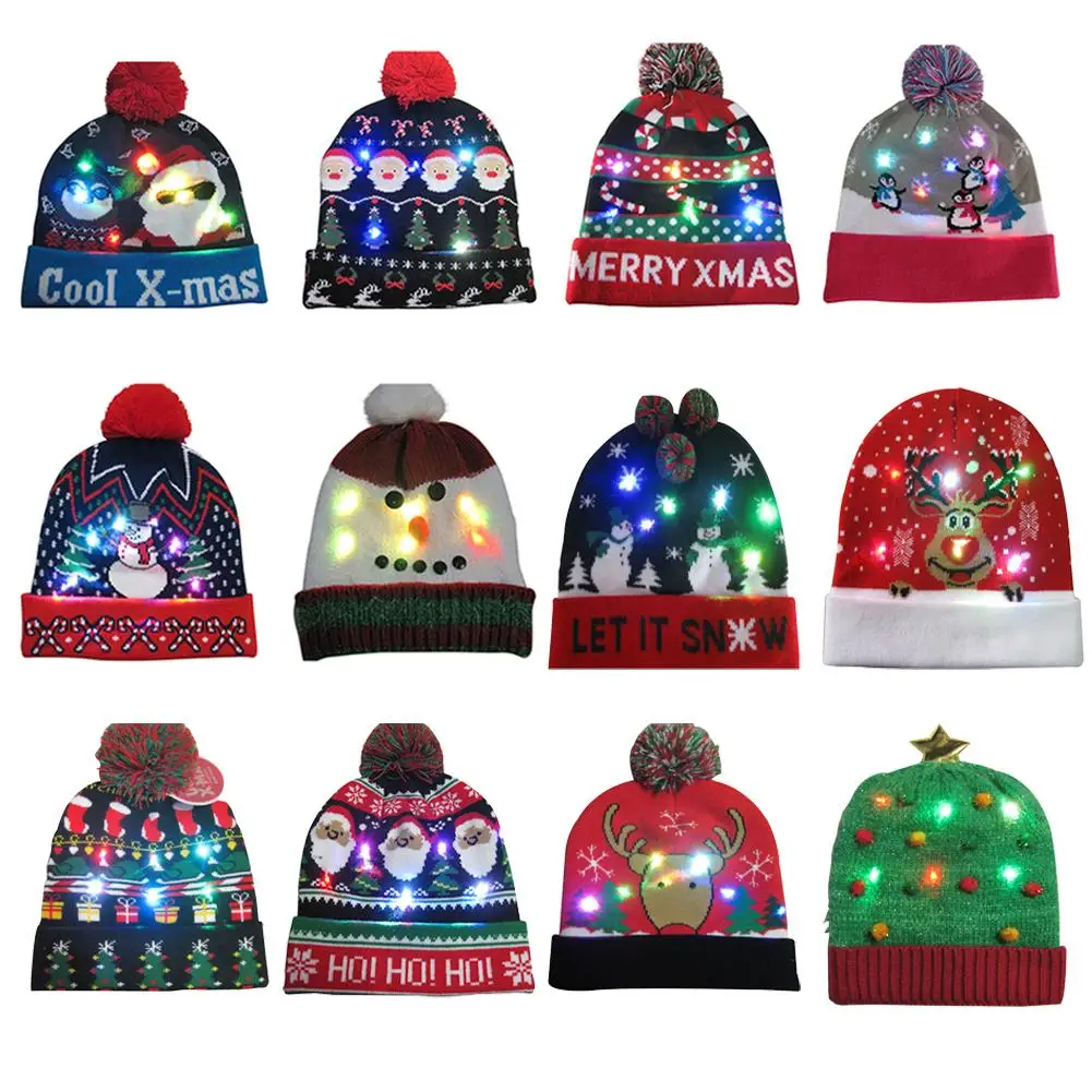 Светящийся шарф шапка на Новый год и Рождество 2020 теплый вязаный с кисточкой