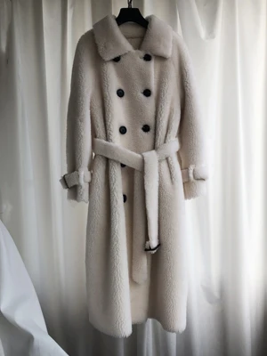 beige Новое пальто для стрижки настоящей Овцы Женская шерстяная куртка пальто из натурального меха с меховым поясом размера плюс 100 см длиннее F1099 - Цвет: beige