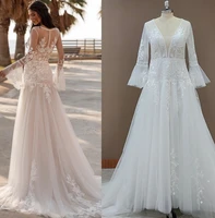 boho lace wedding dresses 2021 beach side slit bridal dress v neck sweep train flare sleeves bohemian vestidos de noiva