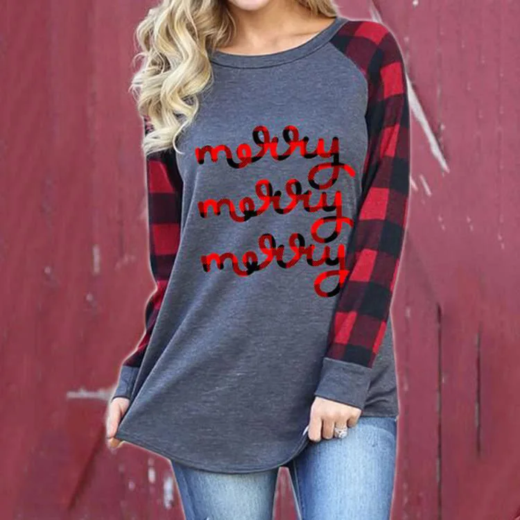 

Amazon popular women's Plaid primer Murry printed round neck long sleeve T-shirt