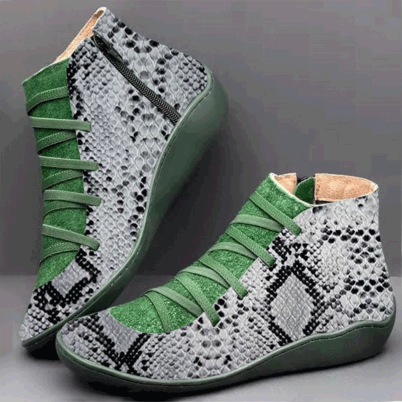 Модные короткие женские ботинки обувь в стиле ретро со змеиным принтом на