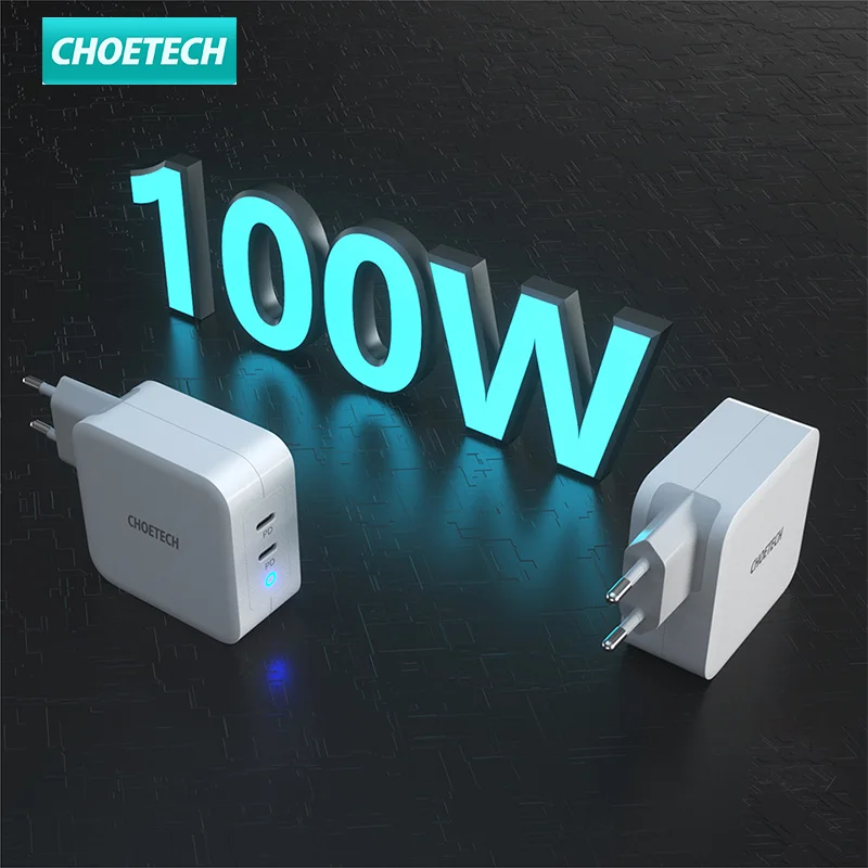 Сетевое зарядное устройство CHOETECH PD 100 Вт с двумя USB портами типа C для MacBook Air iPad iPhone
