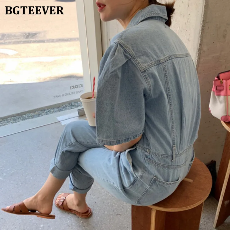 Женский джинсовый комбинезон BGTEEVER винтажный однобортный с отложным воротником и