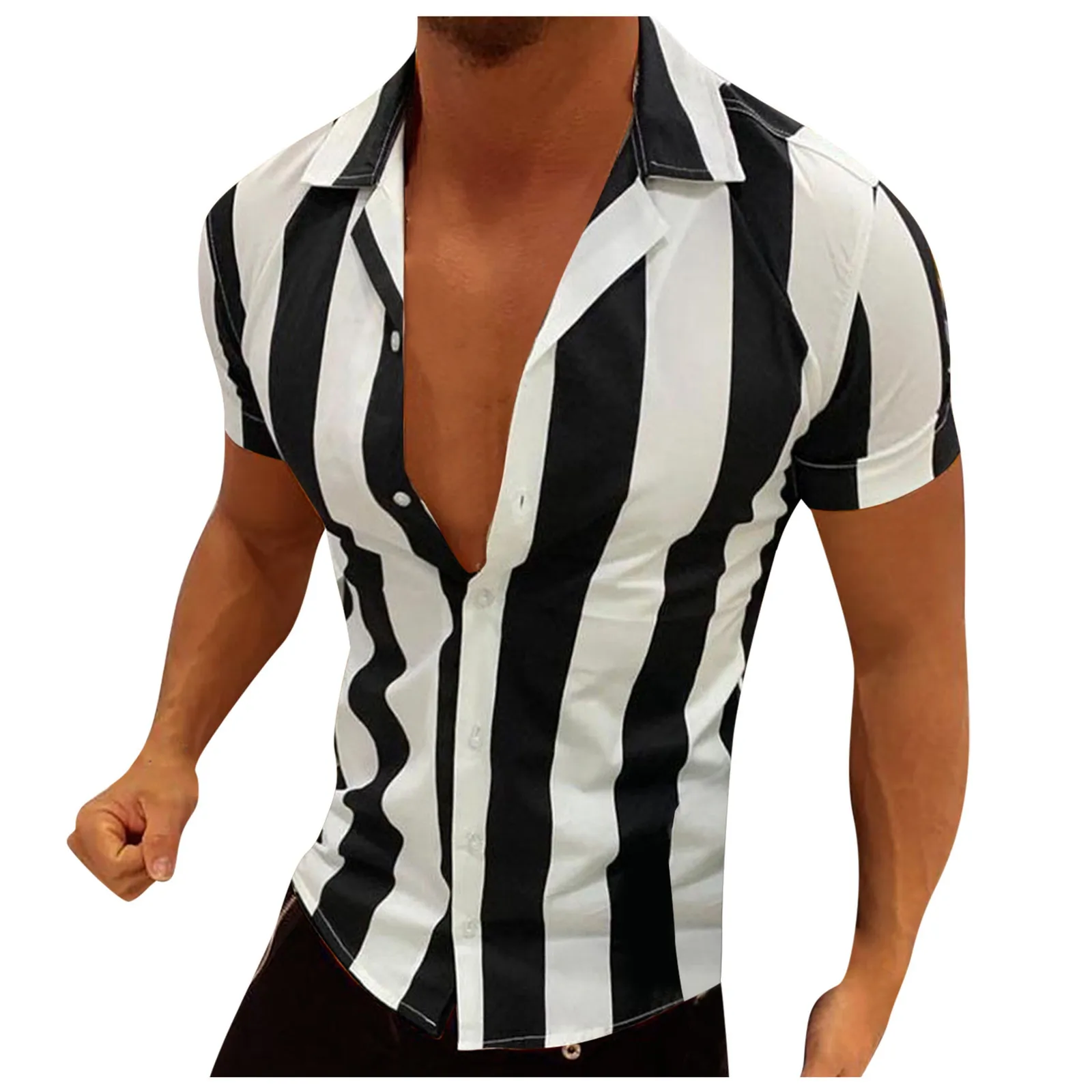 

Summer Striped Men's Shirt Hawaiian Print Woven Short-Sleeved Shirts For Men Casual Sports Color-Blocking Button Up Shirt Men