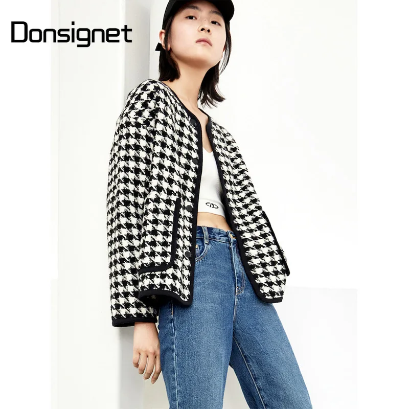 

Autumn Winter New Black Double Pocket Houndstooth Short Coat Temperament Cardigan Top Women