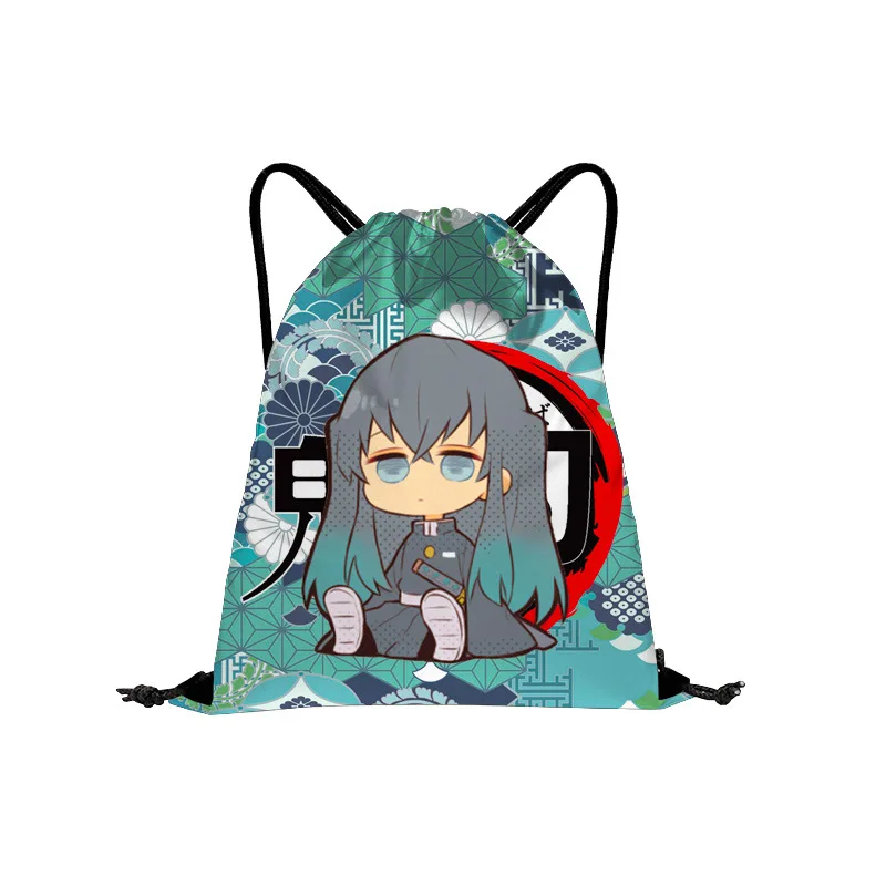 Demon Slayer Theme Motif Drawstring Canvas Bag Black Gym Movement Backpack | Anime Backpacks Wallets &amp Luggage