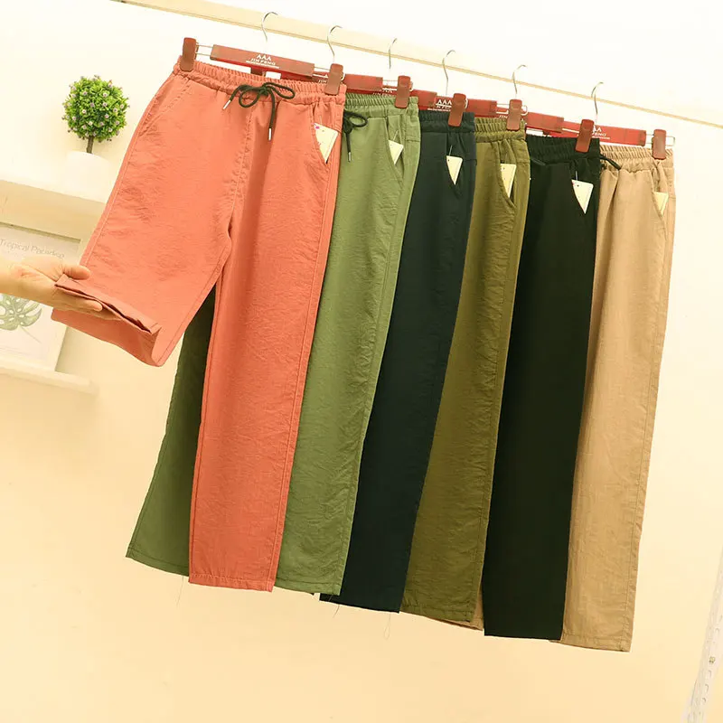 

2021 новые летние женские свободные брюки из хлопка и льна повседневная одежда больших размеров, брюки с начесом, толстые однотонные Цвет раз...