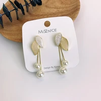 origin summer exquisite gold color leaf dangle earring for women simulation pearl long tassel metal earring jewelry pendientes