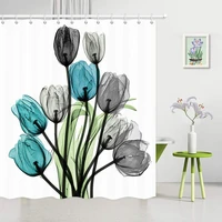 flower shower curtain for bathroom turquoise gray tulip flowers green leaves on white background fabric bath curtains washable