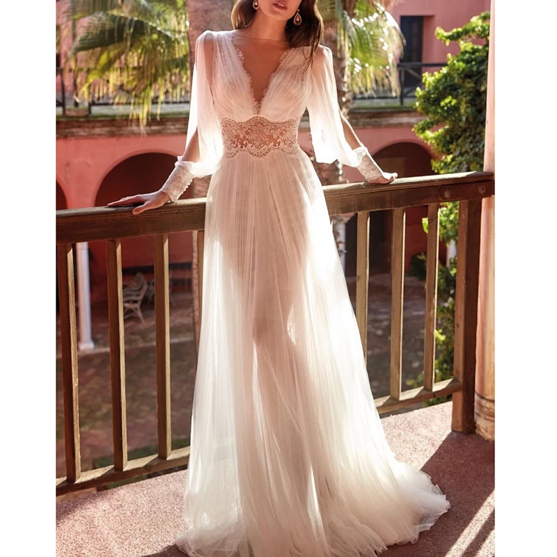 

Женское вечернее платье макси, элегантное винтажное привлекательное белое кружевное платье с длинным рукавом и прозрачной сеткой, лето 2021