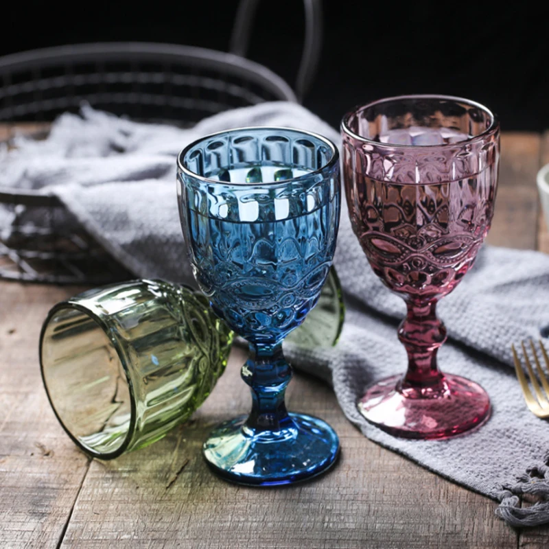 

Retro Diamond Embossed Glass Water Cup European Style Color Goblet Home Wedding Bar Drinkware Holiday Party Wine Glass Gift