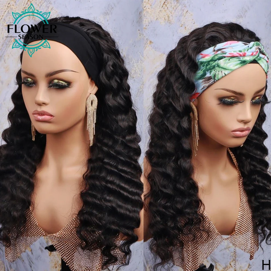 

100% Human Hair Headband Scarf Wig Deep Wave Human Hair Wigs headband for women 180 Density Indian Remy No Glue FlowerSeason