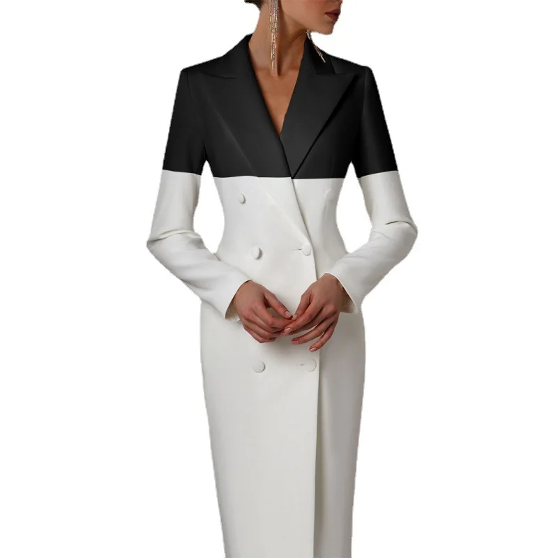 

WEPBEL Women Office Lady Work Dress Turn Down Collar Long Sleeve Buttons Vertical Black white Patchwork Bodycon Blazer Dress
