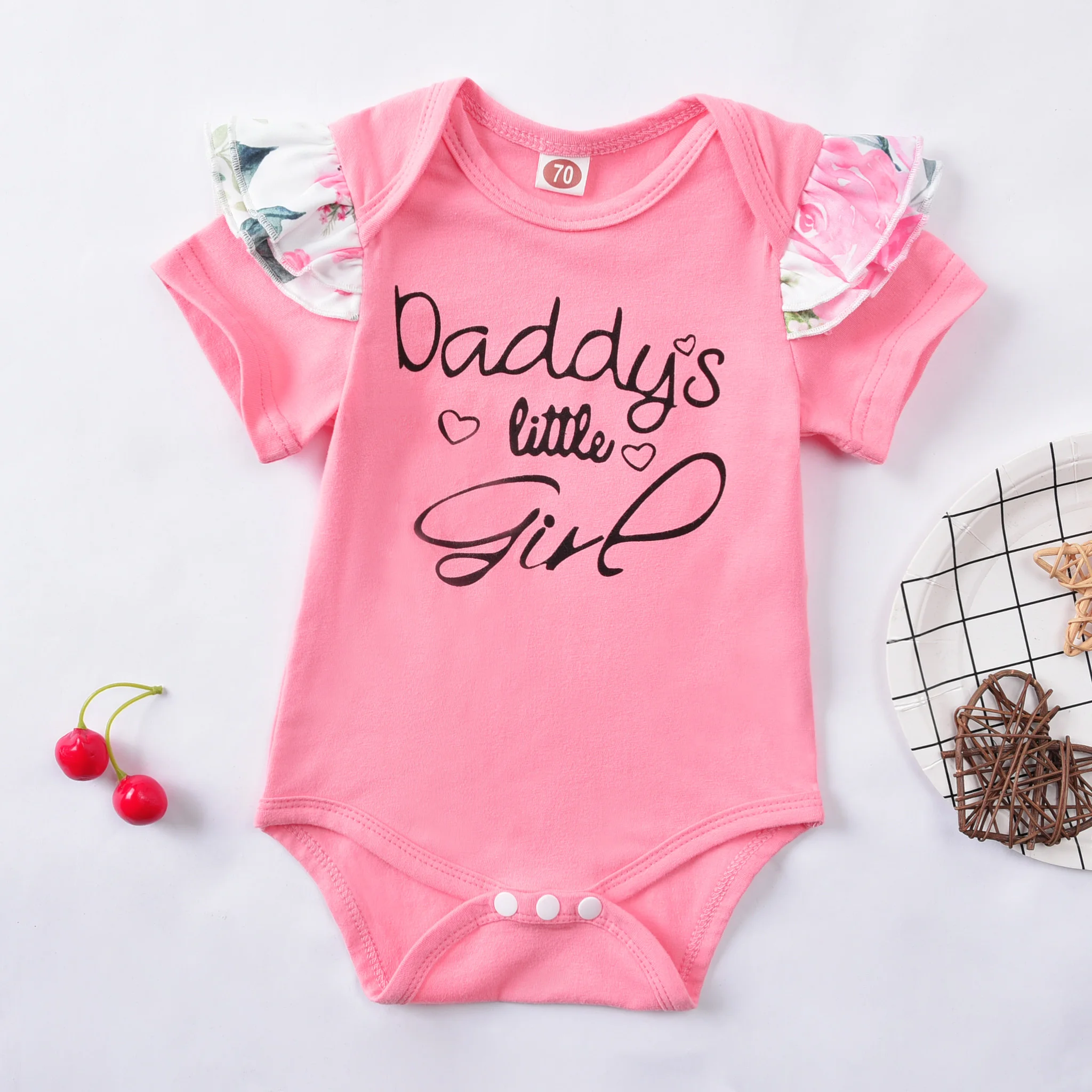 

Baby Girls 3Pcs Summer Outfits Ruffle Short Sleeve Letter Print Romper + Floral Bloomers + Headband Set