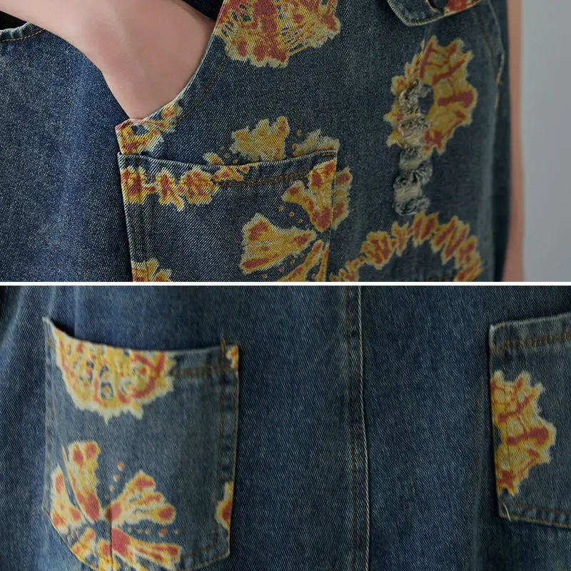 

Denim suspenders women's 2021 spring and summer new printing water wash wear white hole loose show thin age reducing casual