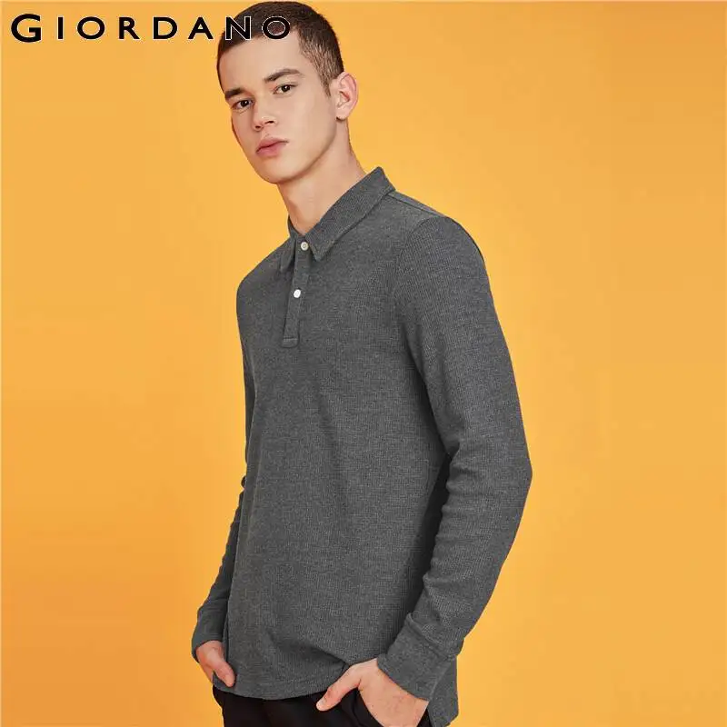 Giordano мужские рубашки поло с вафельным узором, с длинными рукавами, мужские плотные однотонные поло Para Hombre, с разрезом по подолу, Camisa Polo 01019783