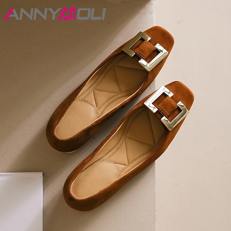 

ANNYMOLI Spring Boats Shoes Women Genuine Leather Spring Flat Shoes Square Toe Metal Decoration Female Fashion Footwear Black 39