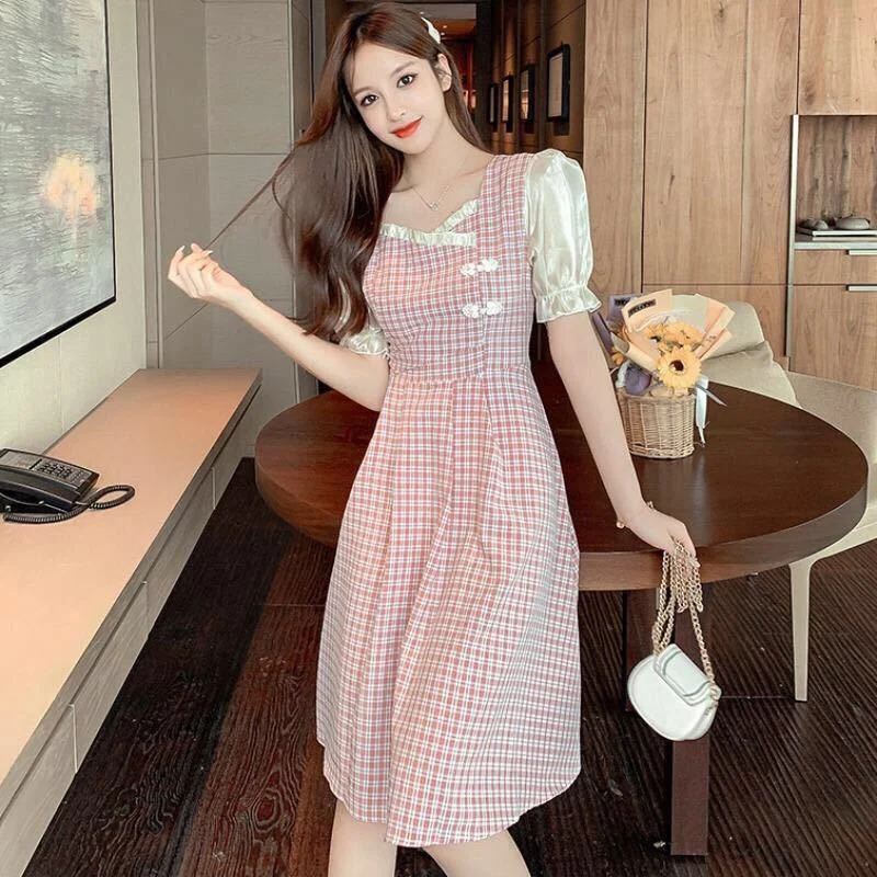 

Cheongsam Dress New Chic Square Collar Plaid High Waist Slim A-Line Short Sleeve Midi Dress Female Summer Spring Elegant Dresses
