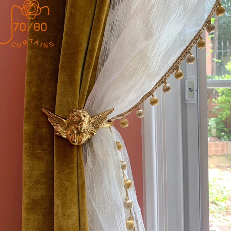 

American Light Luxury Golden Lace Stitching Curtains Blackout Curtains for Living Room Bedroom Custom Window Screens