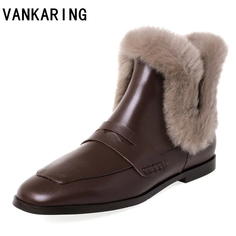 

Женские зимние ботинки из натуральной кожи и кроличьего меха, женские ботильоны на плоской подошве, Нескользящие утепленные женские ботиль...