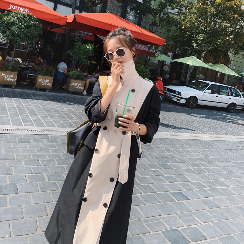 

2021 New Spring Autumn Double-breasted Color Block Patchwork Windbreaker Long Coat Women's Medium And Long Trench Korean Trend