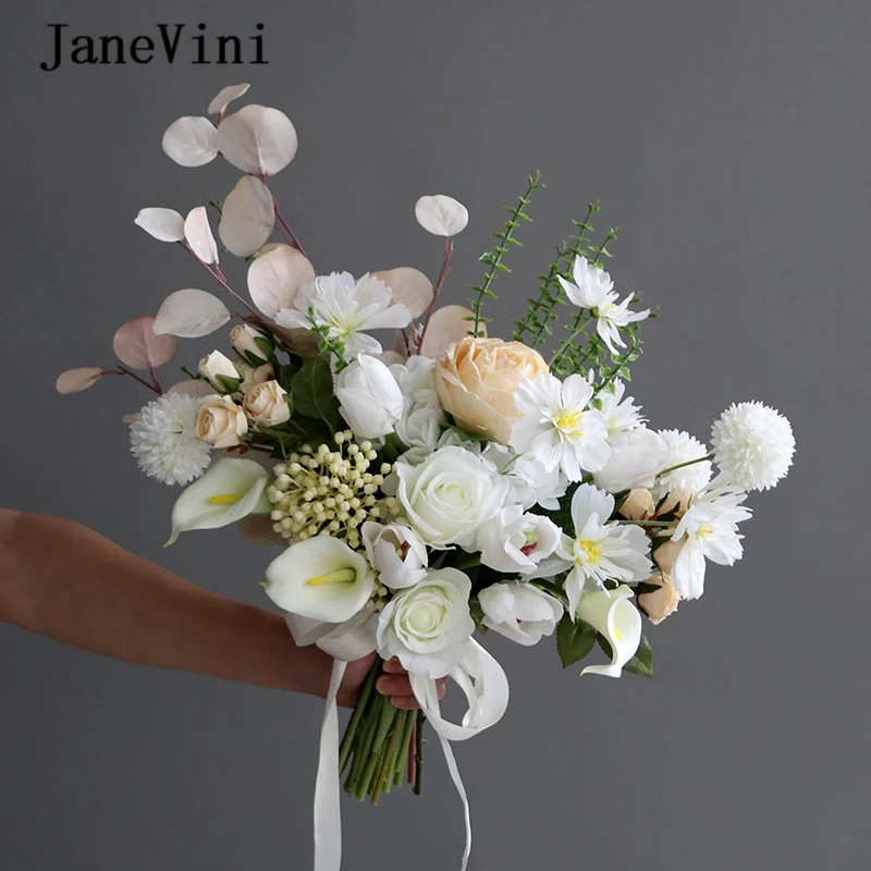

JaneVini 2021 Elegant Champagne White Roses Bridal Bouquets Artificial Silk Flowers Western Wedding Brides Hand Holding Bouquet