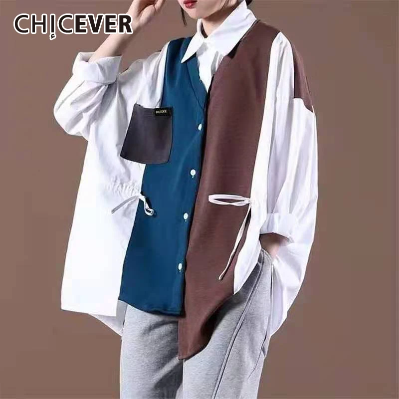 

CHICEVER Patchwork Colorblock Shirt For Women Lapel Collar Long Sleeve Loose Straight Button Through Blouse Female Clothing 2021