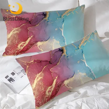 BlessLiving Alcohol Ink Pillowcase Marble Style Sleeping Pillow Case Blue Pink Bedding Watercolor Pillowcase Cover One Pair 1