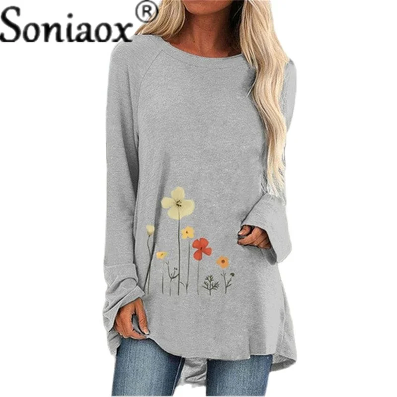 2021 Women Autumn Fashion Floral Printed Casual Round Neck Long Sleeve Loose Cotton T-Shirts Pullover Street Clothes Plus Size