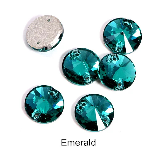T205-Emerald 40pcs AAAAA Quality 12mm Round Rivoli Glass Sew On Rhinestones Flatback Crystal Sewing Strass for DIY Wedding Dress B1248 - Цвет: T205-Emerald