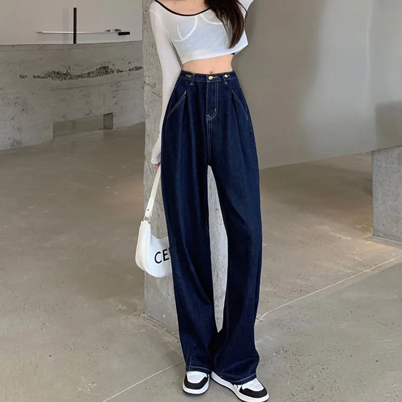 

Korean Chic Vintage Cowboy Trousers Winter New High Waist Loose Blue Denim Base Solid Color Folds Wide Leg Pants For Female