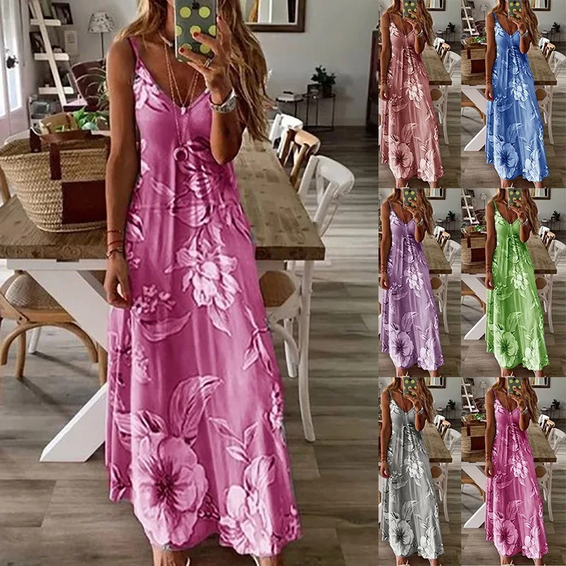 

Loose flower print woman beach dresses women Robe Femme sleeveless spaghetti strap long summer dress sexy casual women dresses