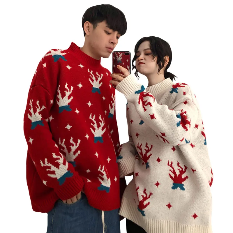 

2021 Autumn Winter Women Knitted Christmas Sweater Korean Loose Couples Christmas Elk New Year Base Knit Sweaters Pullover Top