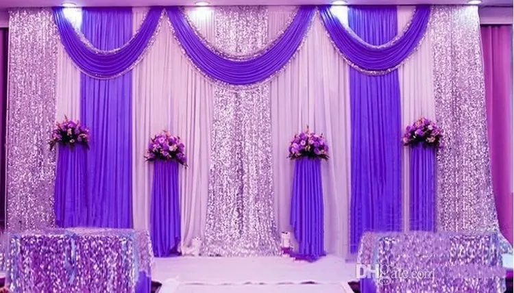 

20ft*10ft Sequins Beads Edge ice silk Wedding backdrop Curtains with swags event party Wedding Props Satin Drape curtain