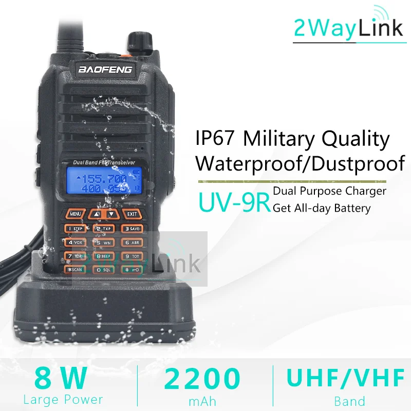 8 Вт UV 9R IP67 Водонепроницаемый Любительская рация двойного диапазона с