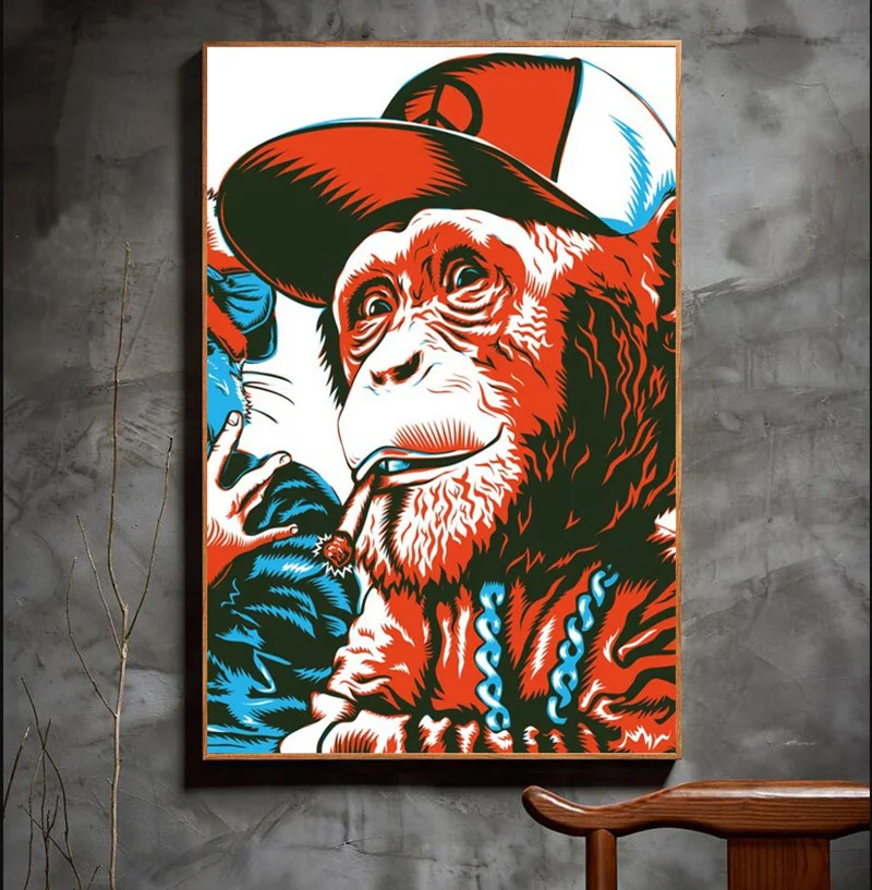 Животные граффити искусство курительная обезьяна Картина на холсте настенные