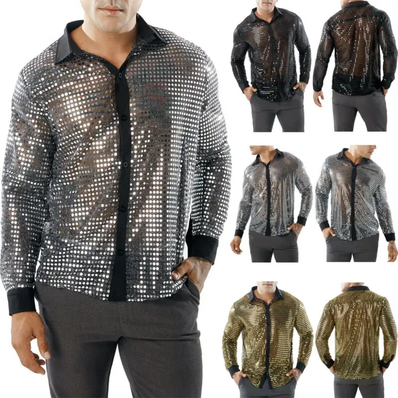 

New Men's Sexy Sequin Transparent Shirt Black See Through Shirt Male Long Sleeve Nightclub Shiny Gold Shirt Dance T-Shirt S-2XL