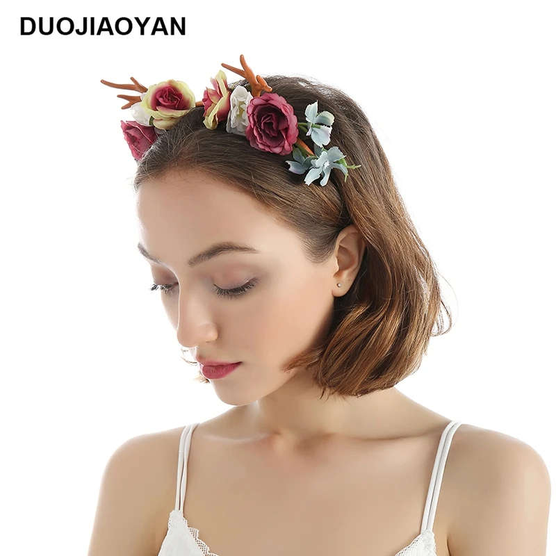 

DUOJIAOYAN Christmas Deer hair band Women Artificial Fabric Flower Hair accessories Fancy Festival Girls flower antlers Headband