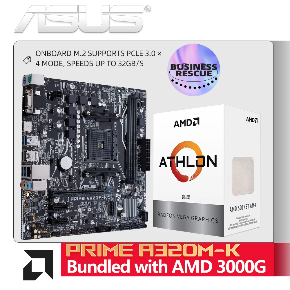

ASUS New PRIME A320M K Motherboard +AMD Athlon 3000G Processor X2 3000G CPU Gamer Office Socket AM4 And Come With The Cooler
