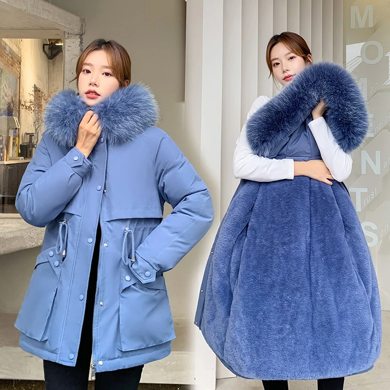 

2021 New Artificial Fur Collar Winter Jacket Women Fall Wear Korean High Quality Parkas Outwear Women Long Keep Warm Coats