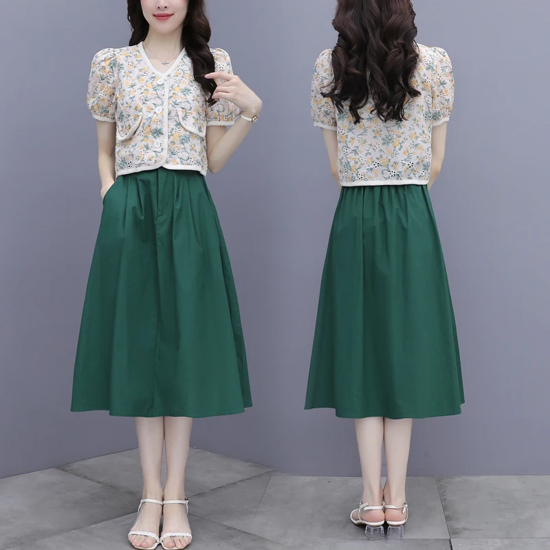 

Ladies Summer French Fashion Suit 2021 New Women's Floral Print Top And Skirt Elegant Two-piece Set