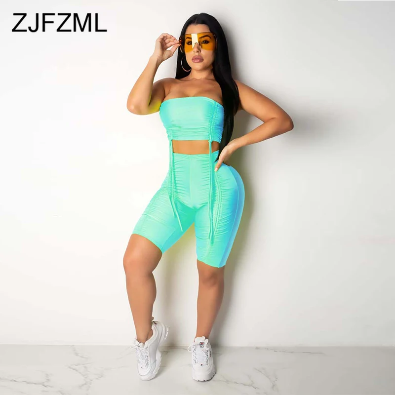 

Drawstring Ruched Sexy 2 Piece Pants Sets Women Backless Strapless Crop Tops and Biker Shorts Plus Size Neon Color Summer Set
