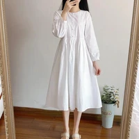 summer spring white casual dress long japanese dress ladies literary pure color round neck regular sleeve mid length dress ladie