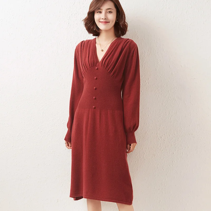 

Платье-Свитер женское из шерсти, с V-образным вырезом, на осень/зиму, 2021