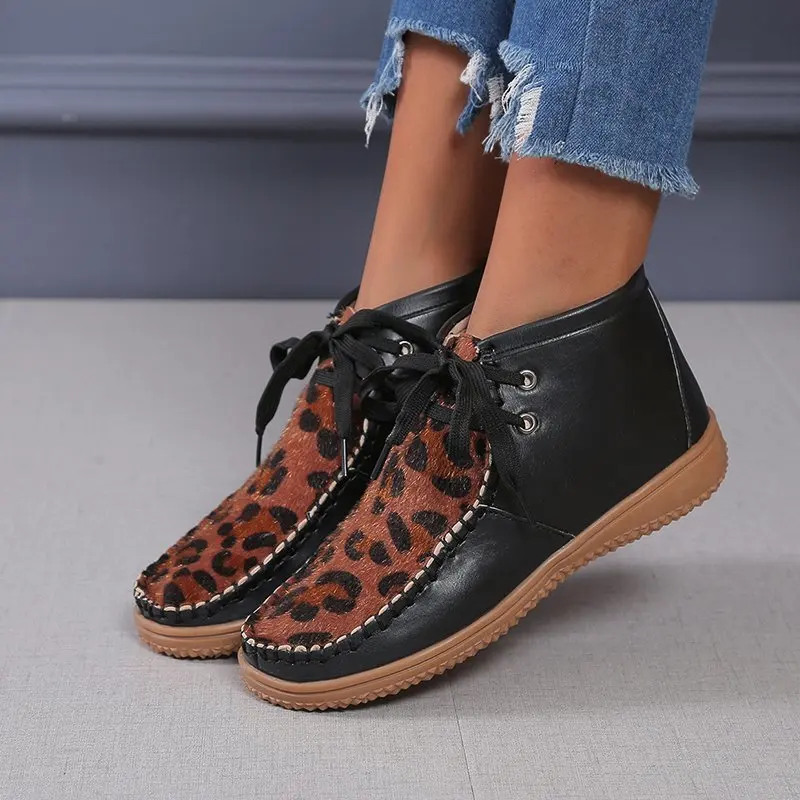 

2021 New Round Head Leopard Print Leather Boots 2020 Winter Ankle Boots for Women with Flat Bottoms Lace-Up Size 43 Women Shoes