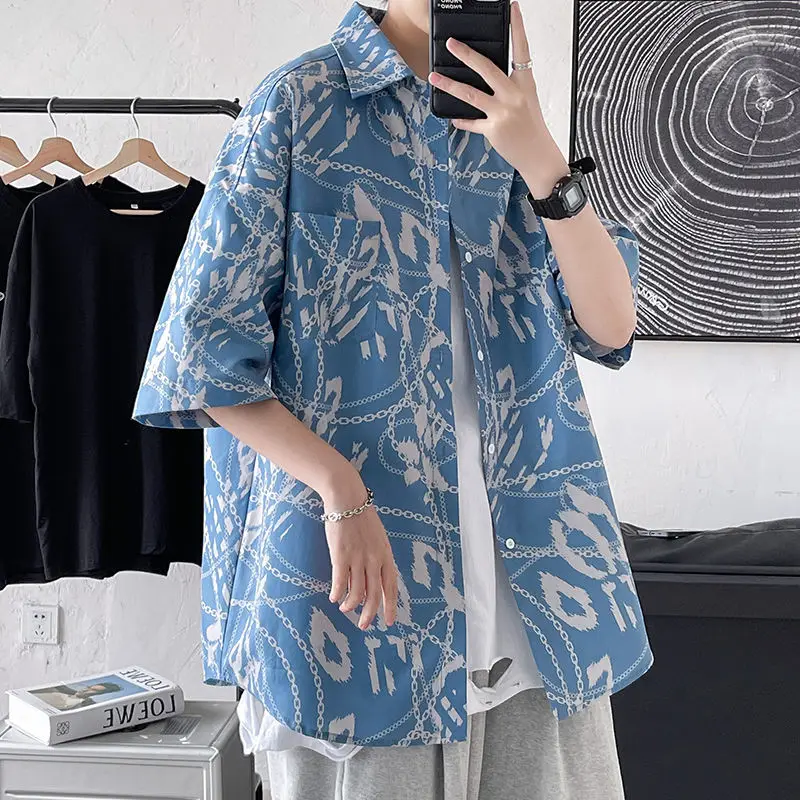 

Summer ice silk shirt male short sleeve popular logo ruffian handsome design sense small public shirt INS Hong Kong wind loose c